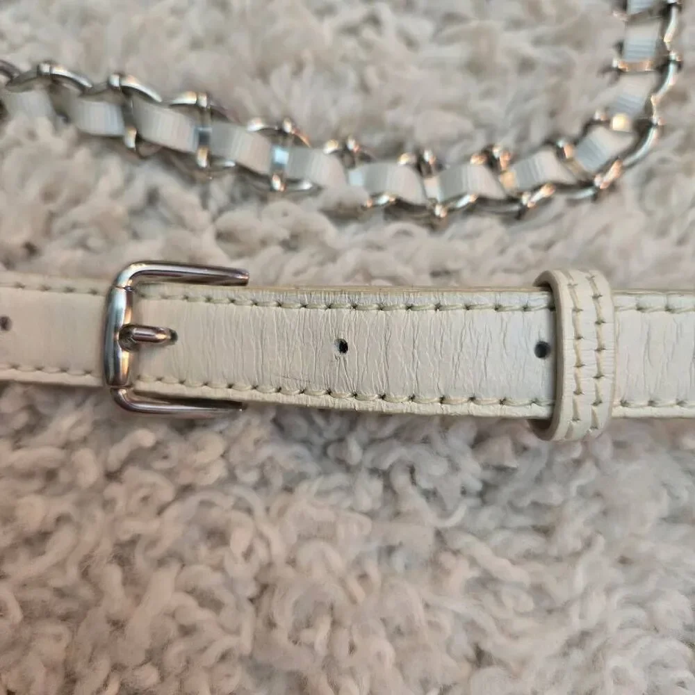 Ann Taylor White Leather and Chain Ribbon Belt M